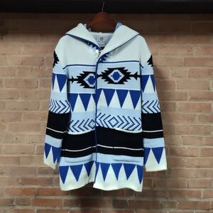 Blue and Black Geometric Patterned Hooded Cardigan